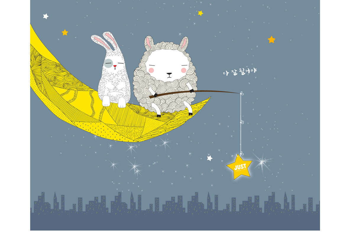 JUST BRAND Character, a rabbit and a sheep on the moon