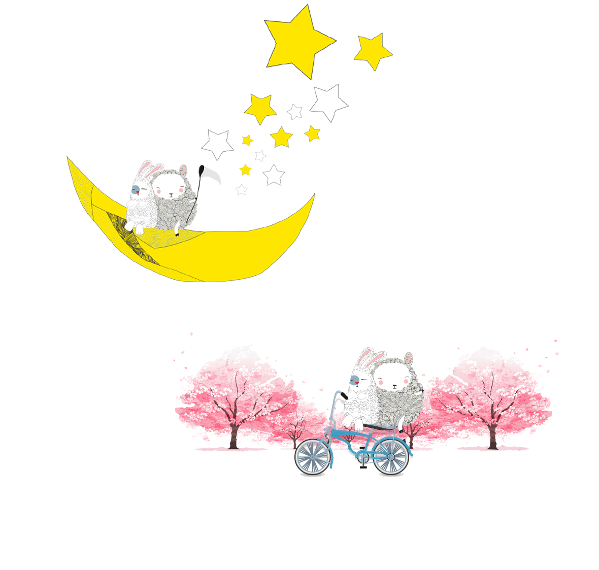 JUST BRAND Character, a rabbit and a sheep on the moon